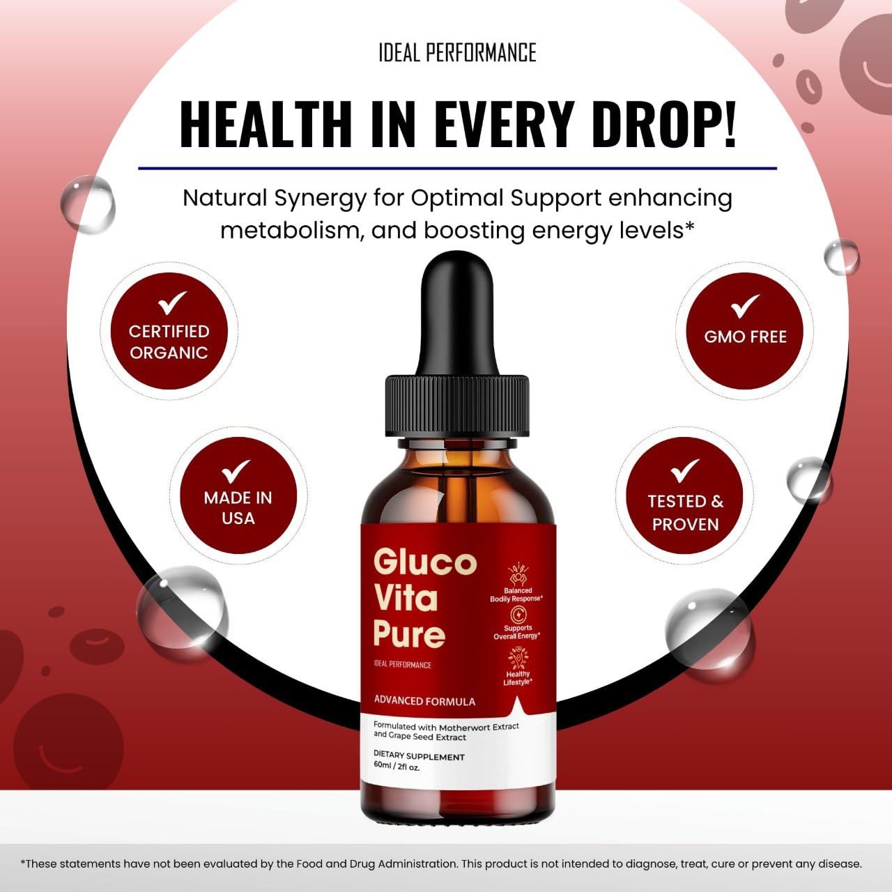 Gluco Vita Pure Drops close-up of ingredients suggests a clean, natural blend.