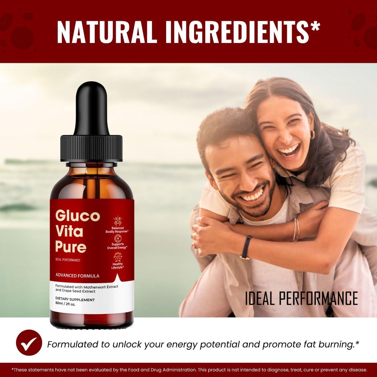 IDEAL PERFORMANCE Gluco Vita Pure Drops in use with a glass of water for daily routine.