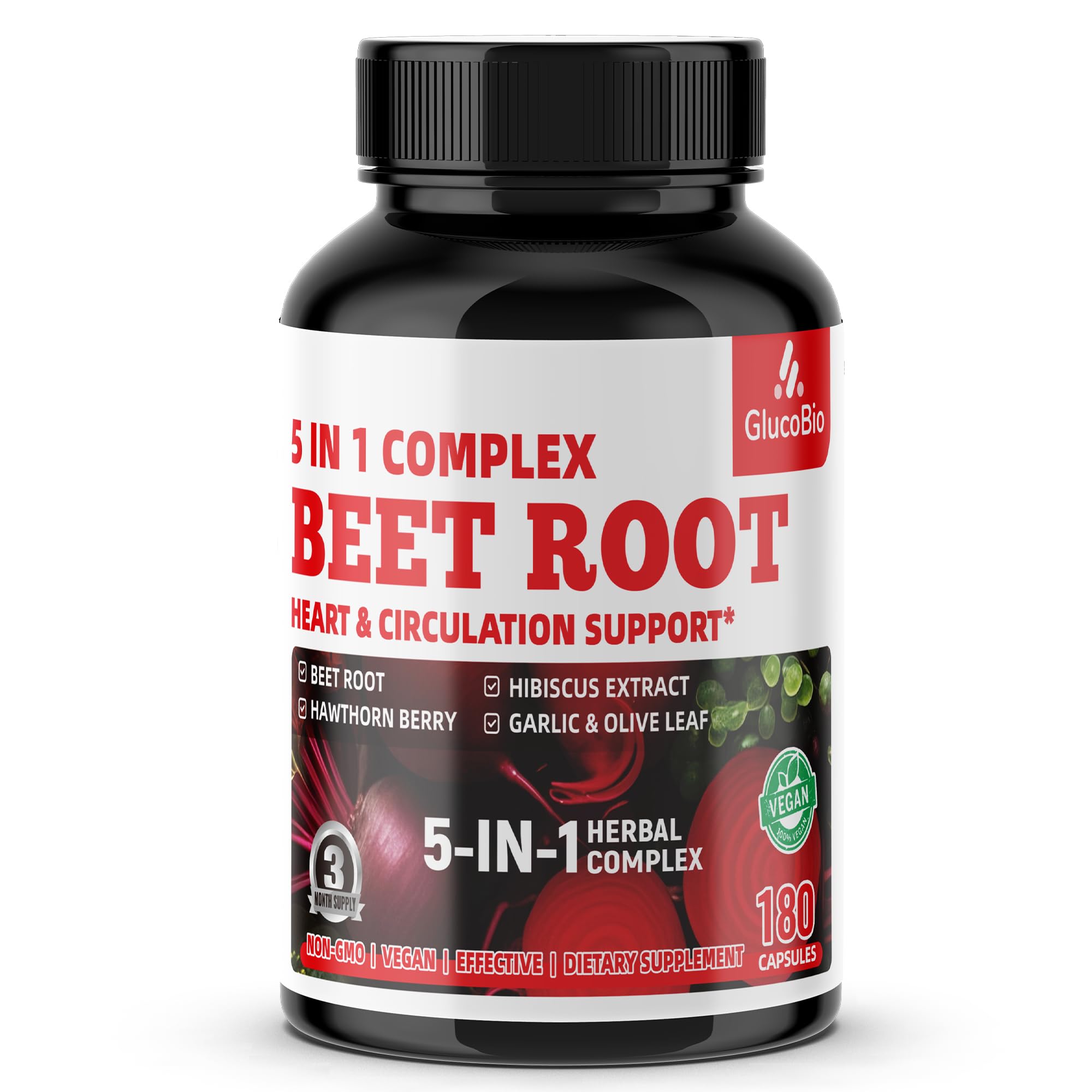 GlucoBio Beet Root Bottle with vegan capsules for daily heart health support.