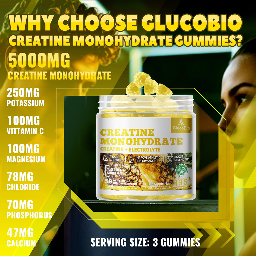 GlucoBio Creatine Gummies bottle back highlights vegan and free-from attributes