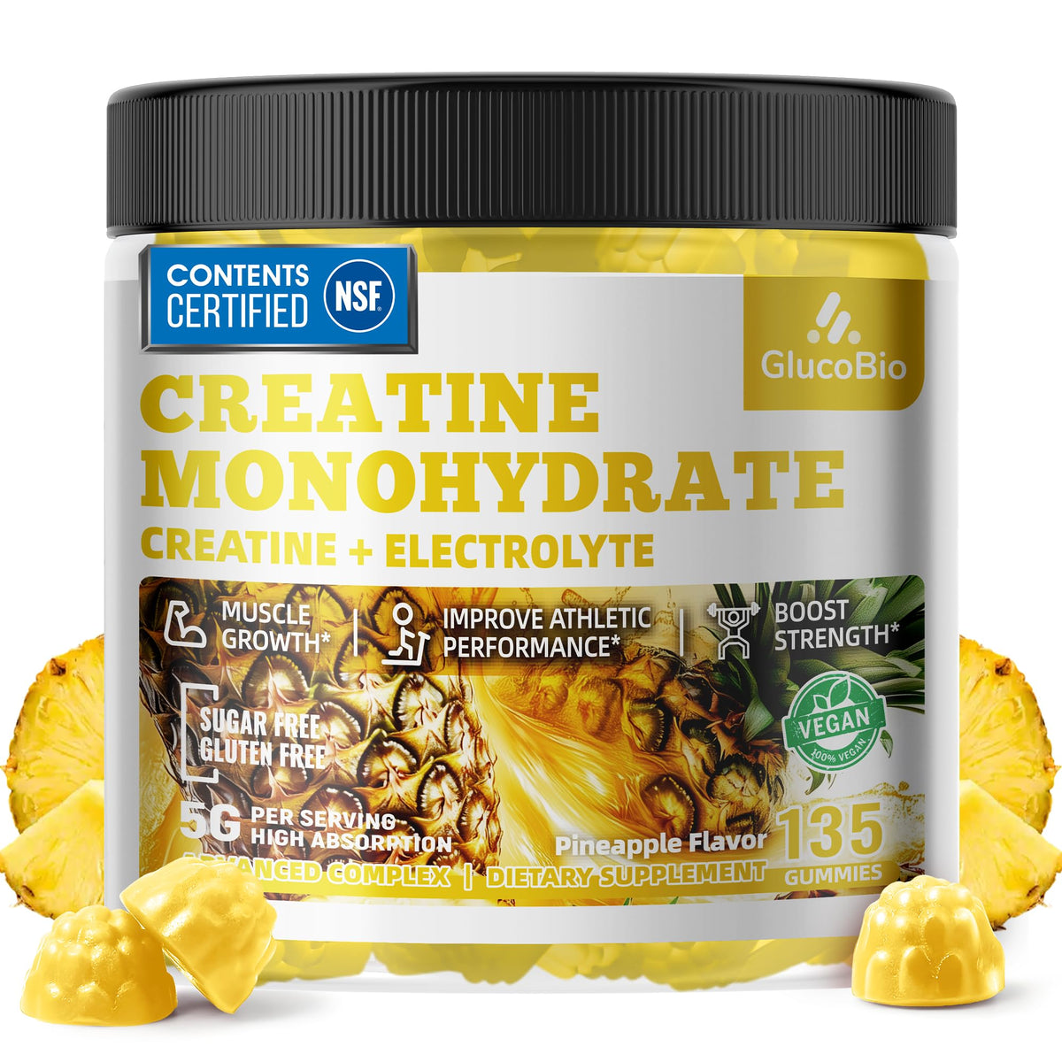 GlucoBio Creatine Gummies bottle front shows convenient pre-workout energy support