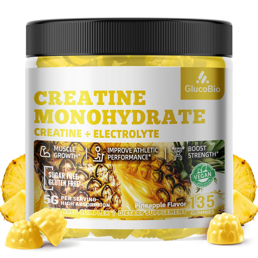 GlucoBio Creatine Gummies GMP factory badge indicates quality control