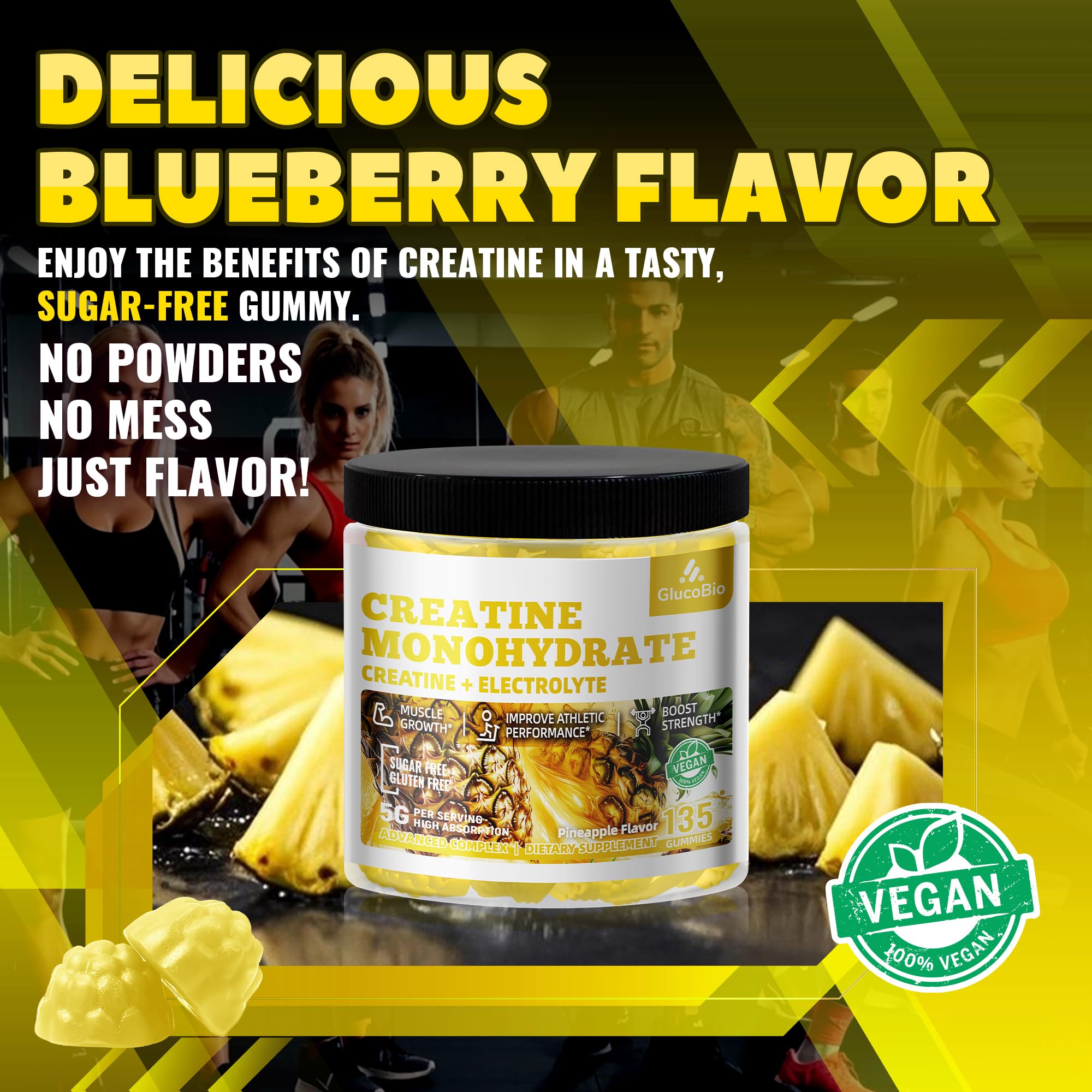 GlucoBio Creatine Gummies vegan label emphasizes plant-based nutrition