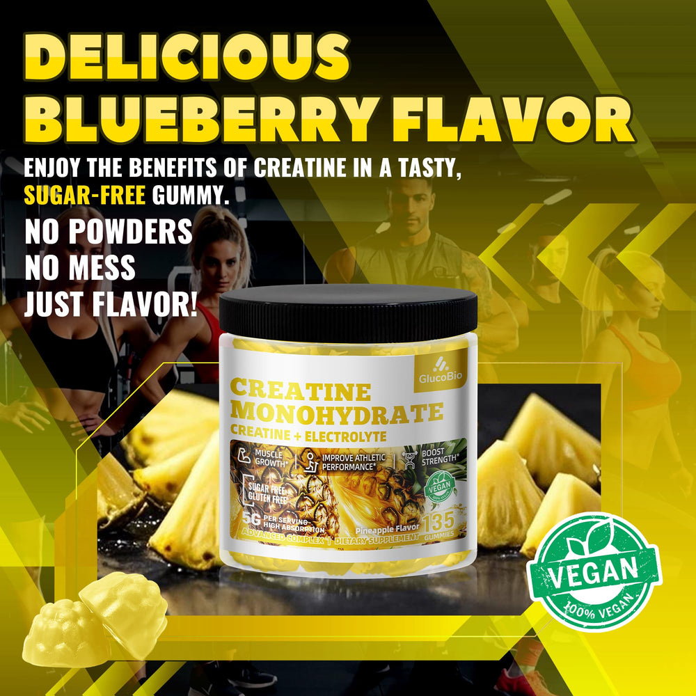 GlucoBio Creatine Gummies vegan label emphasizes plant-based nutrition