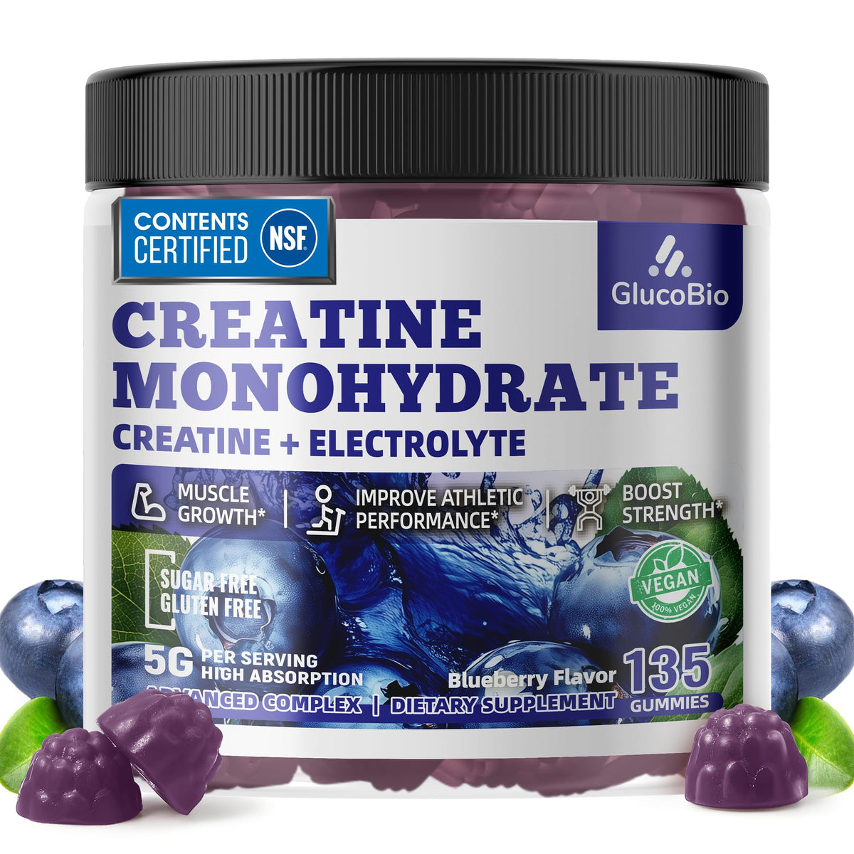 GlucoBio creatine gummies bottle showing easy daily dose for workouts