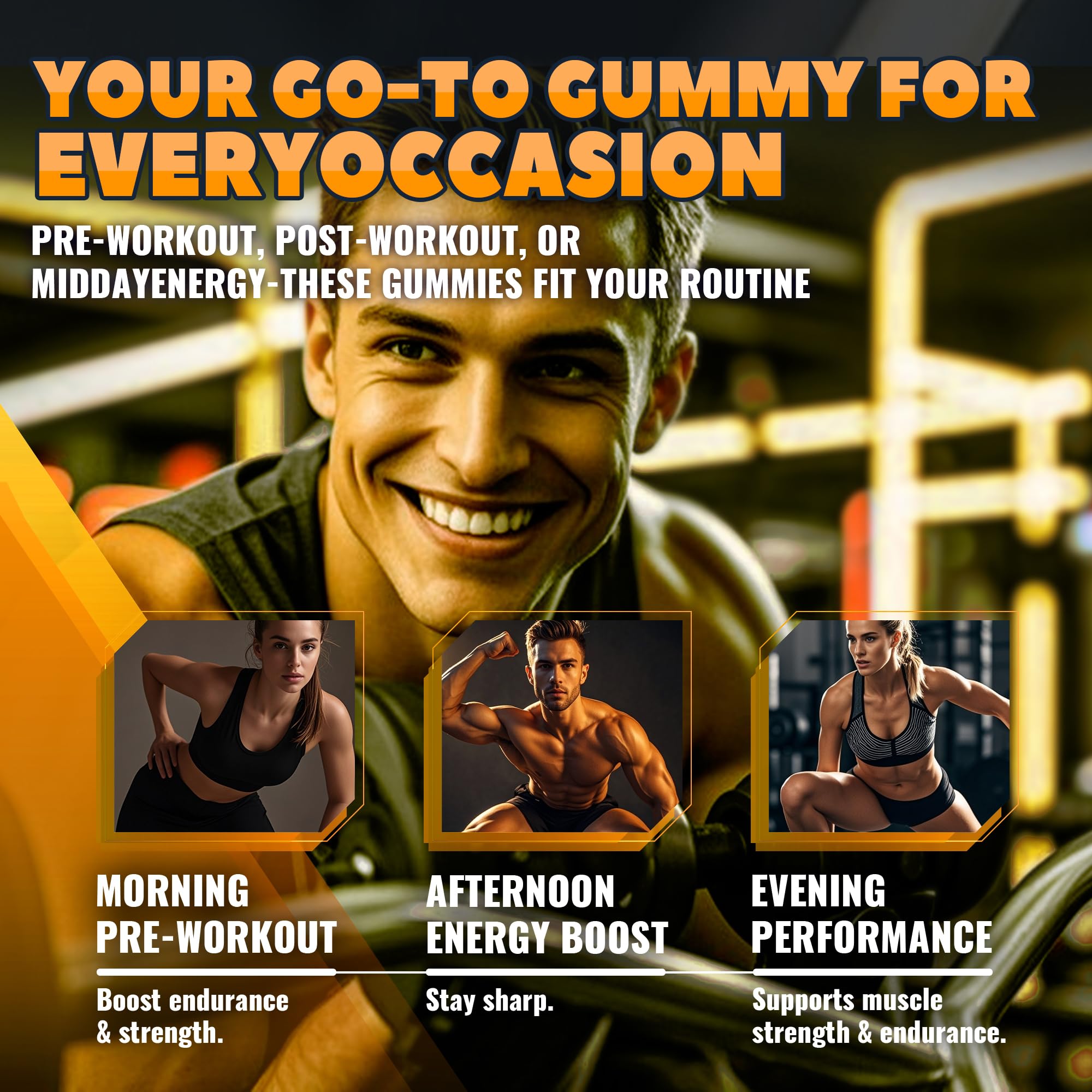 GlucoBio label detail shows 5g creatine per serving and three gummies per serving.