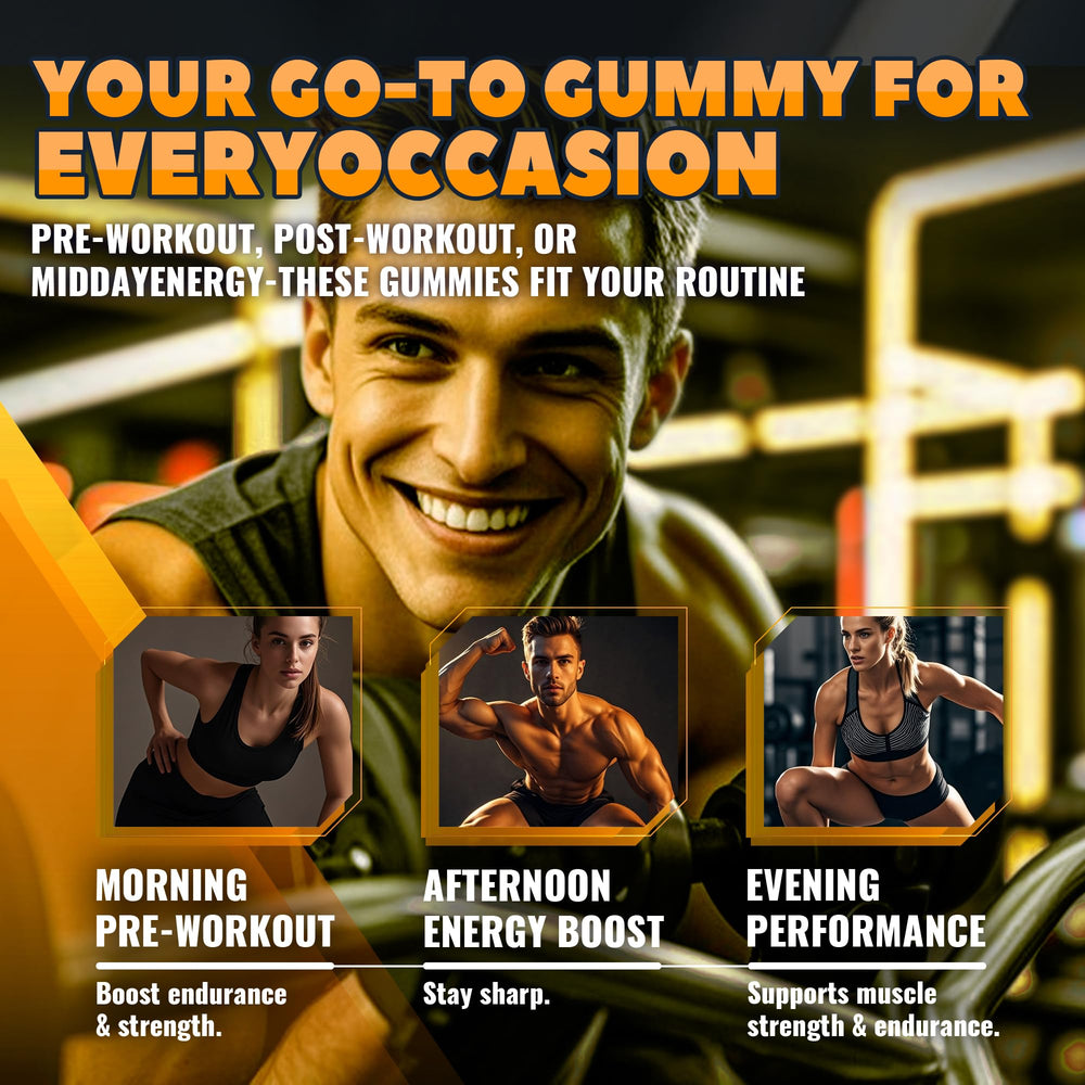 GlucoBio label detail shows 5g creatine per serving and three gummies per serving.