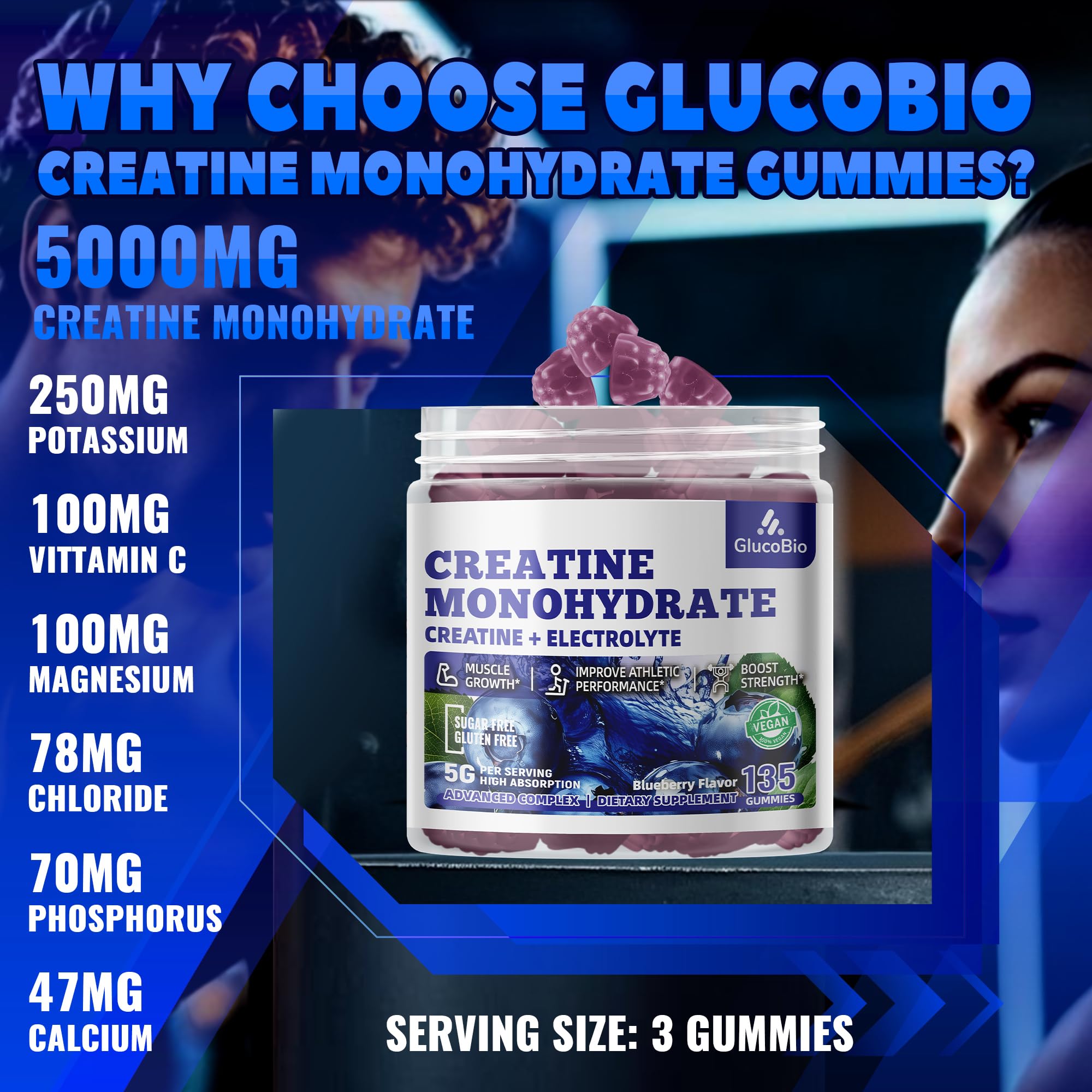 GlucoBio creatine gummies serving size of three for quick energy during training