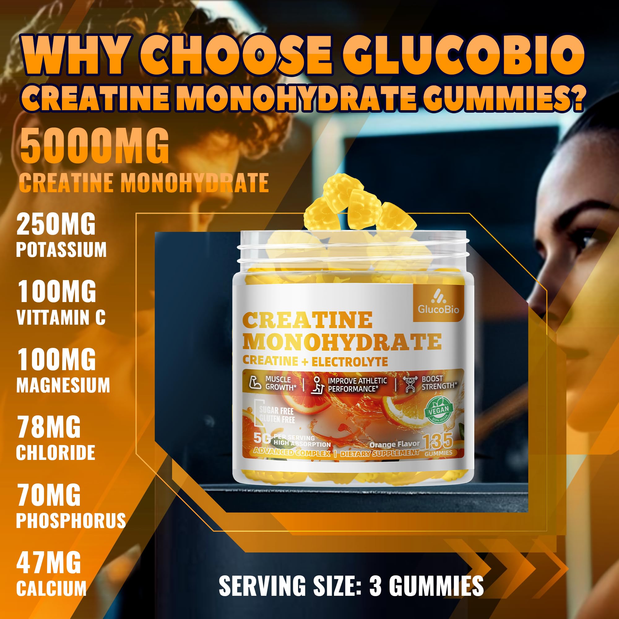 GlucoBio Creatine Gummies serving close-up highlights easy three-gummy servings.
