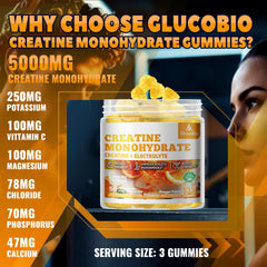 GlucoBio Creatine Gummies serving close-up highlights easy three-gummy servings.