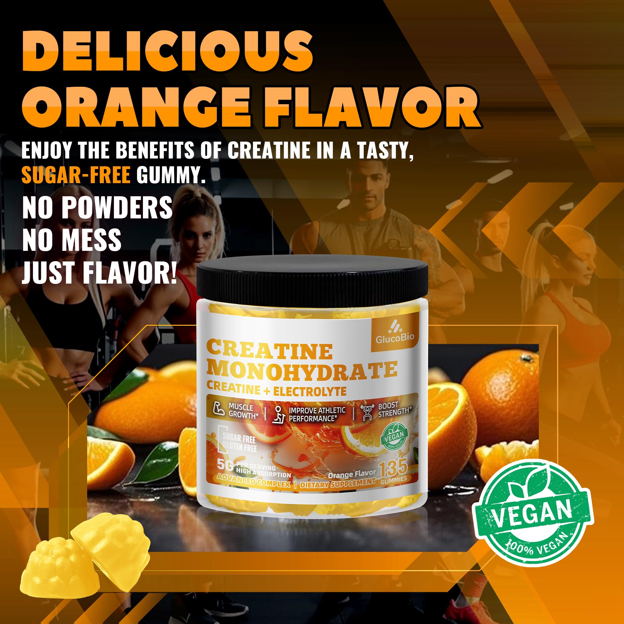GlucoBio orange electrolyte gummies pack showcases refreshing flavor and hydration-friendly design.