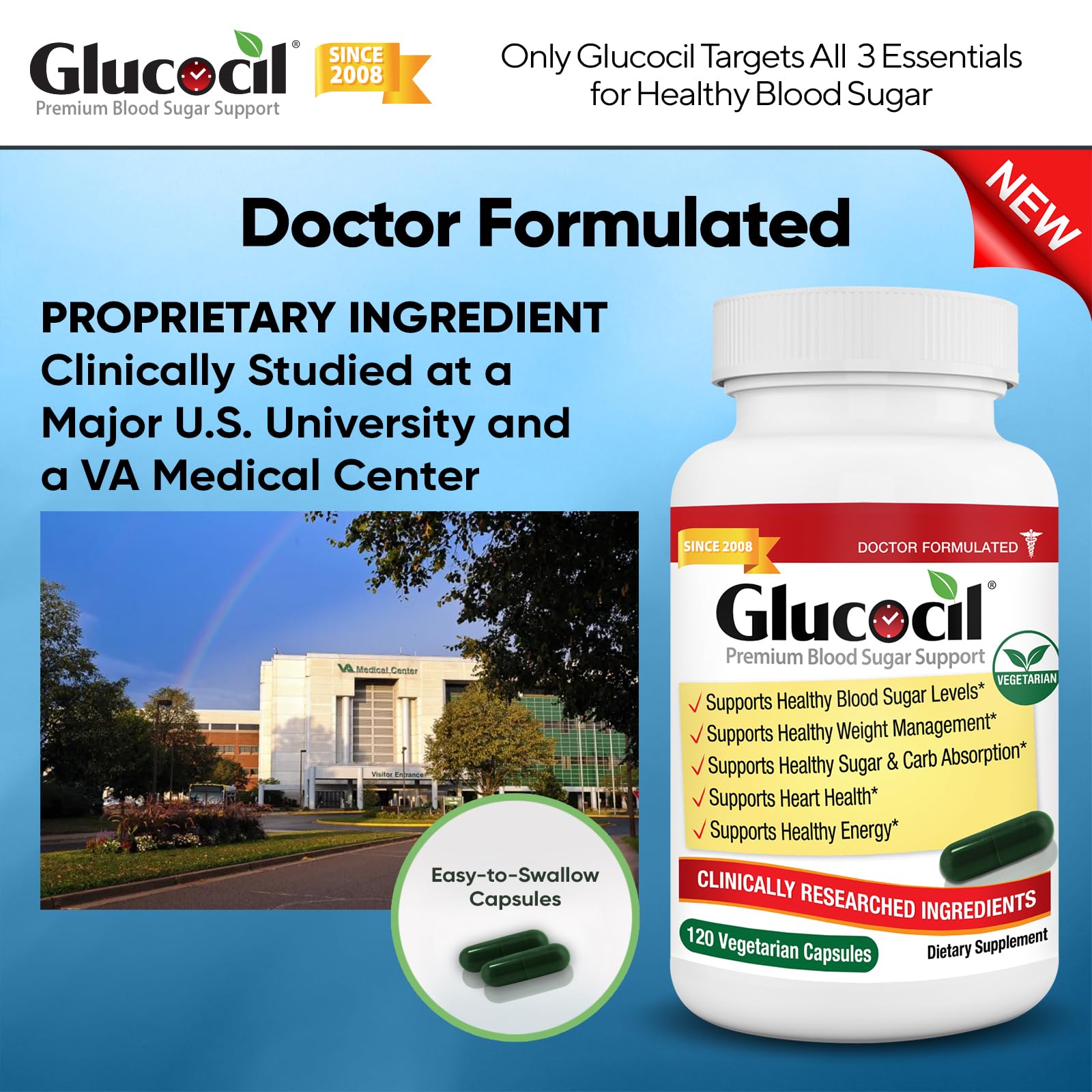 Glucocil bottle display highlights dosage and packaging for convenient daily use