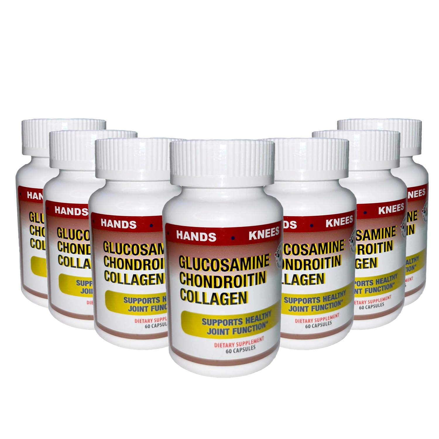 Glucosamine capsules in hand illustrate portable daily support.