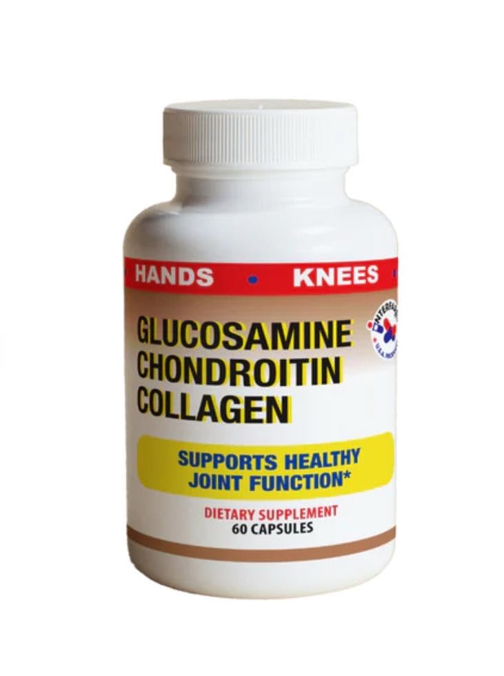 Glucosamine hydrolyzed collagen bottle supports joint comfort and mobility.