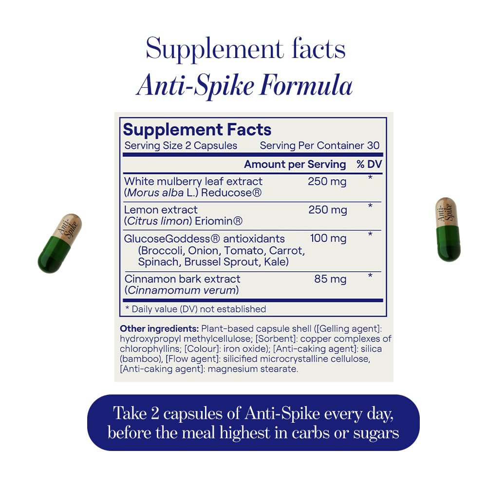 Glucose Revolution Anti-Spike Formula vegan and gluten-free badge visible.