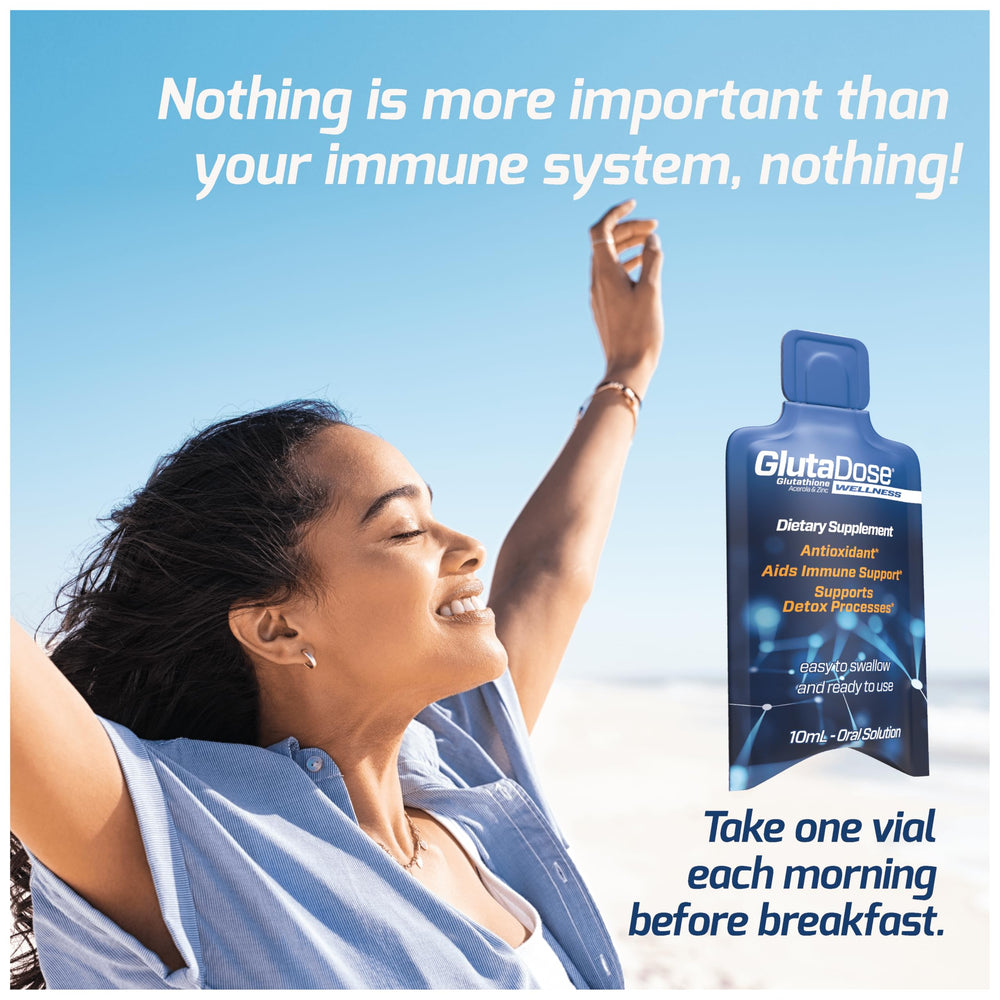 GlutaDose zero-sugar formulation bottle communicates sugar-free daily use.