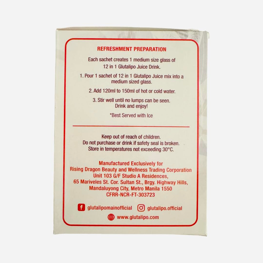 Nutrition label of Glutalipo highlighting natural ingredients and vitamin C
