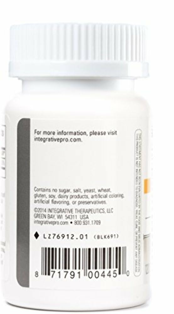 Gluten-free and dairy-free label on Integrative Therapeutics packaging.