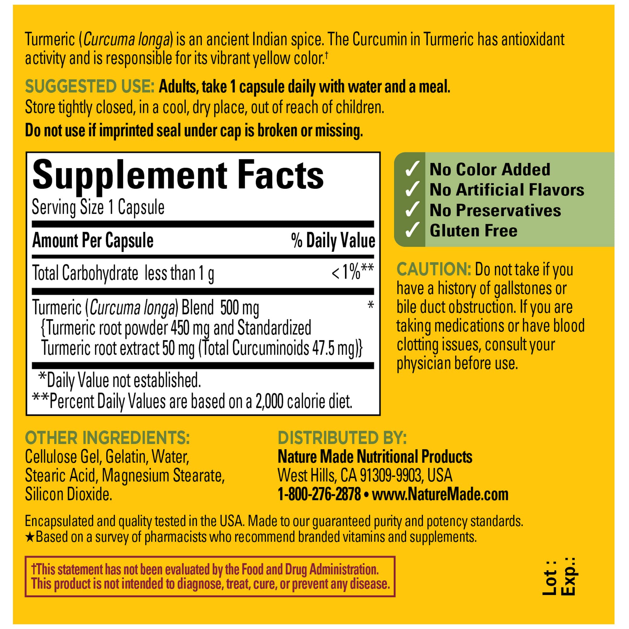 Gluten-free Nature Made Turmeric Curcumin bottle with no artificial colors