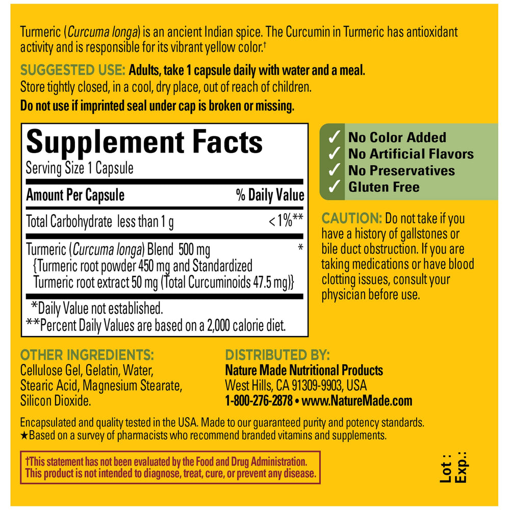 Gluten-free Nature Made Turmeric Curcumin bottle with no artificial colors
