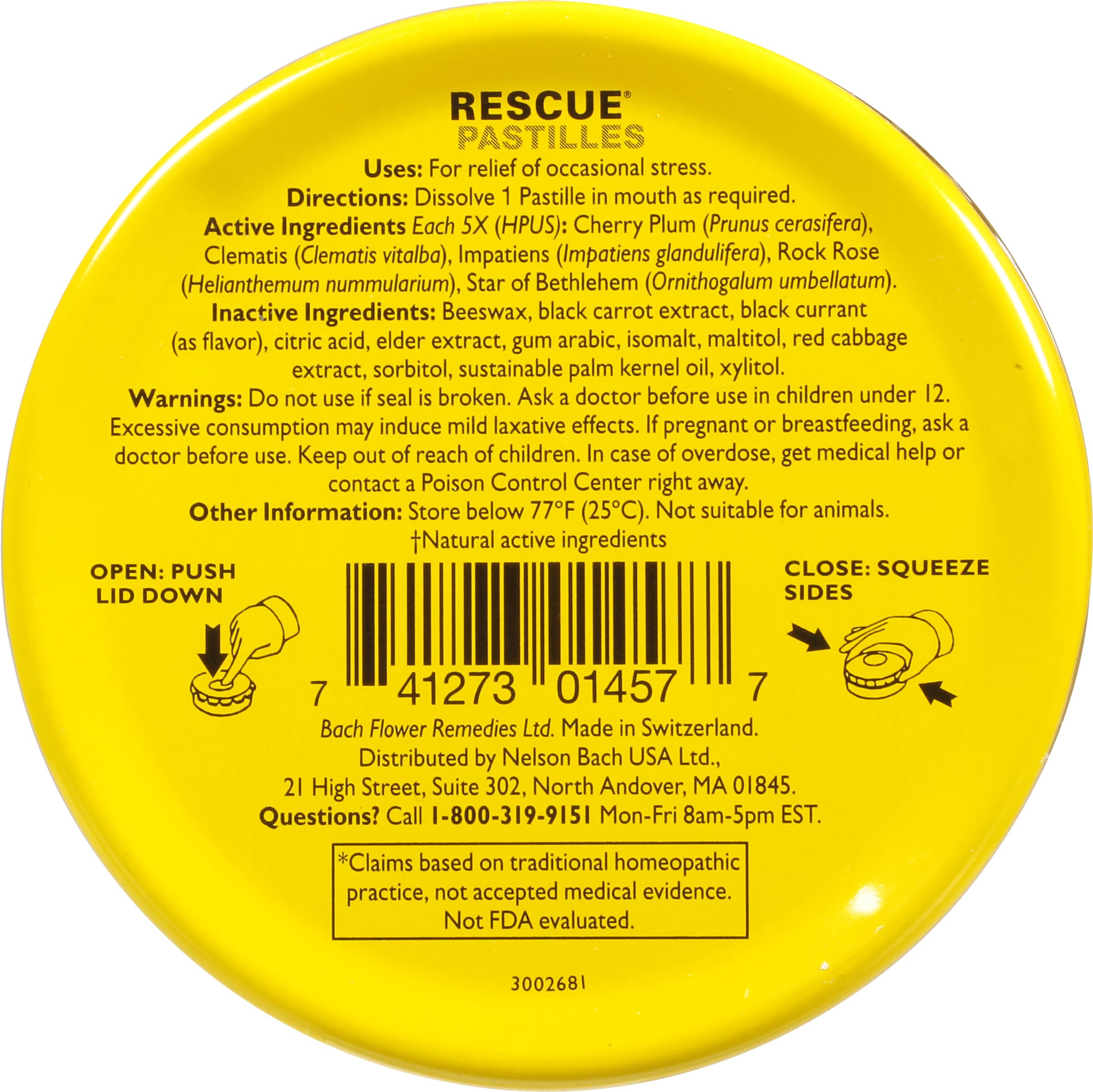 Gluten-free and sugar-free labeling on the Bach RESCUE Pastilles package.