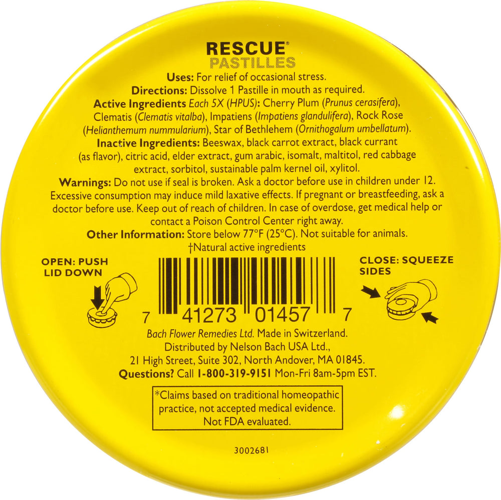 Gluten-free and sugar-free labeling on the Bach RESCUE Pastilles package.