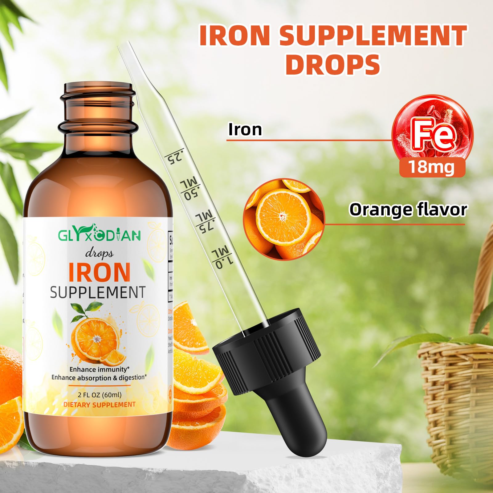 Glyxcodian liquid iron drops pour into water for easy blending.