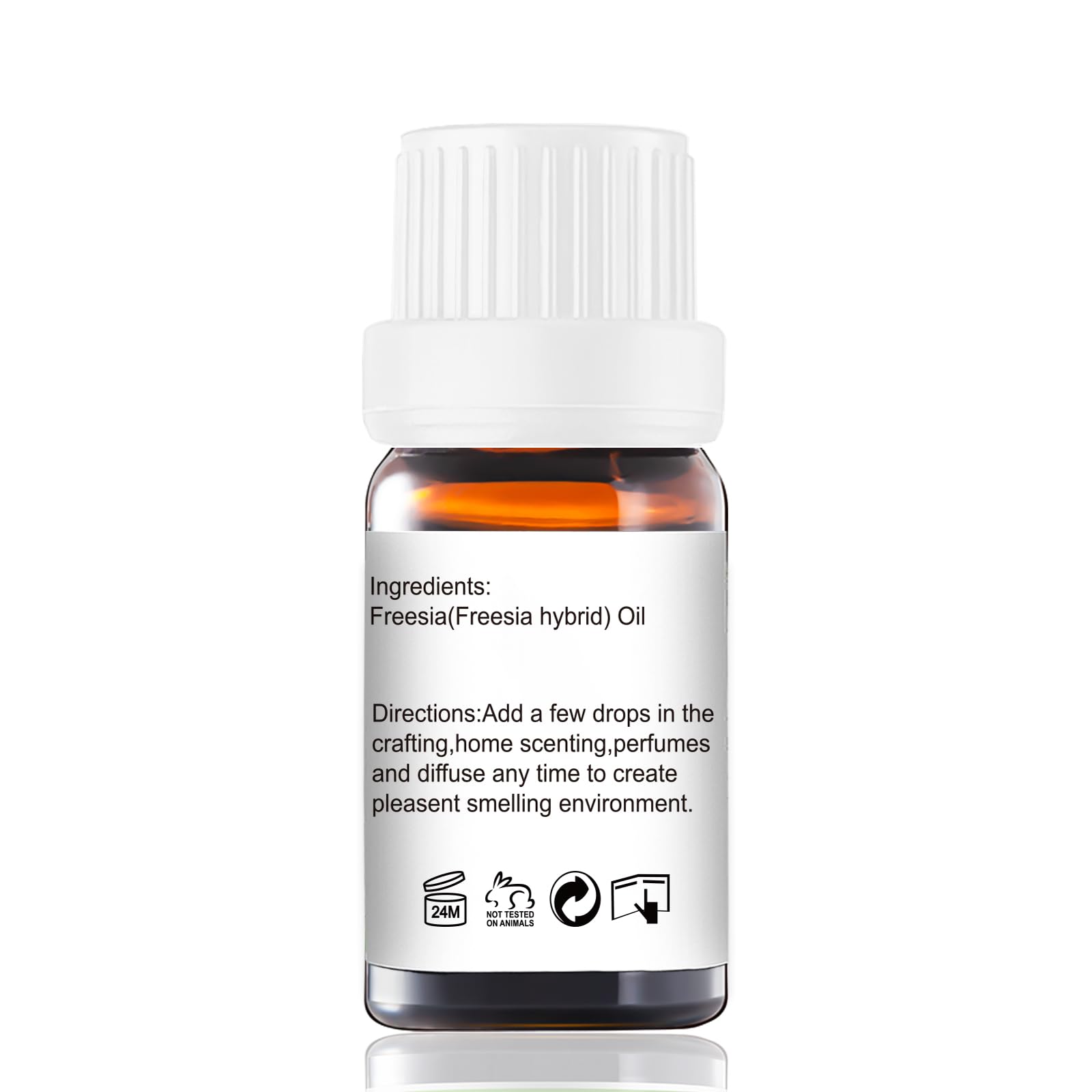 GM Gumili Freesia essential oil bottle label shows purity and scent