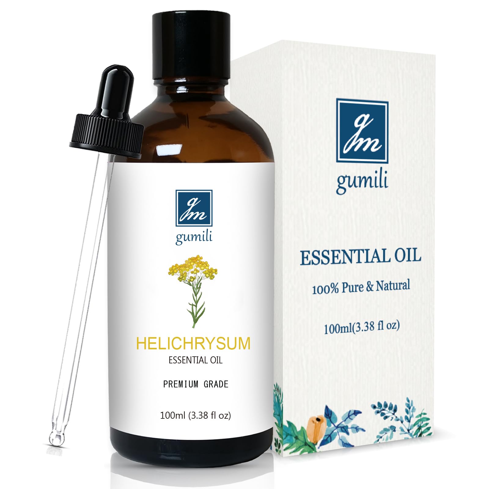 GM Gumili Helichrysum oil bottle close-up for skincare routines