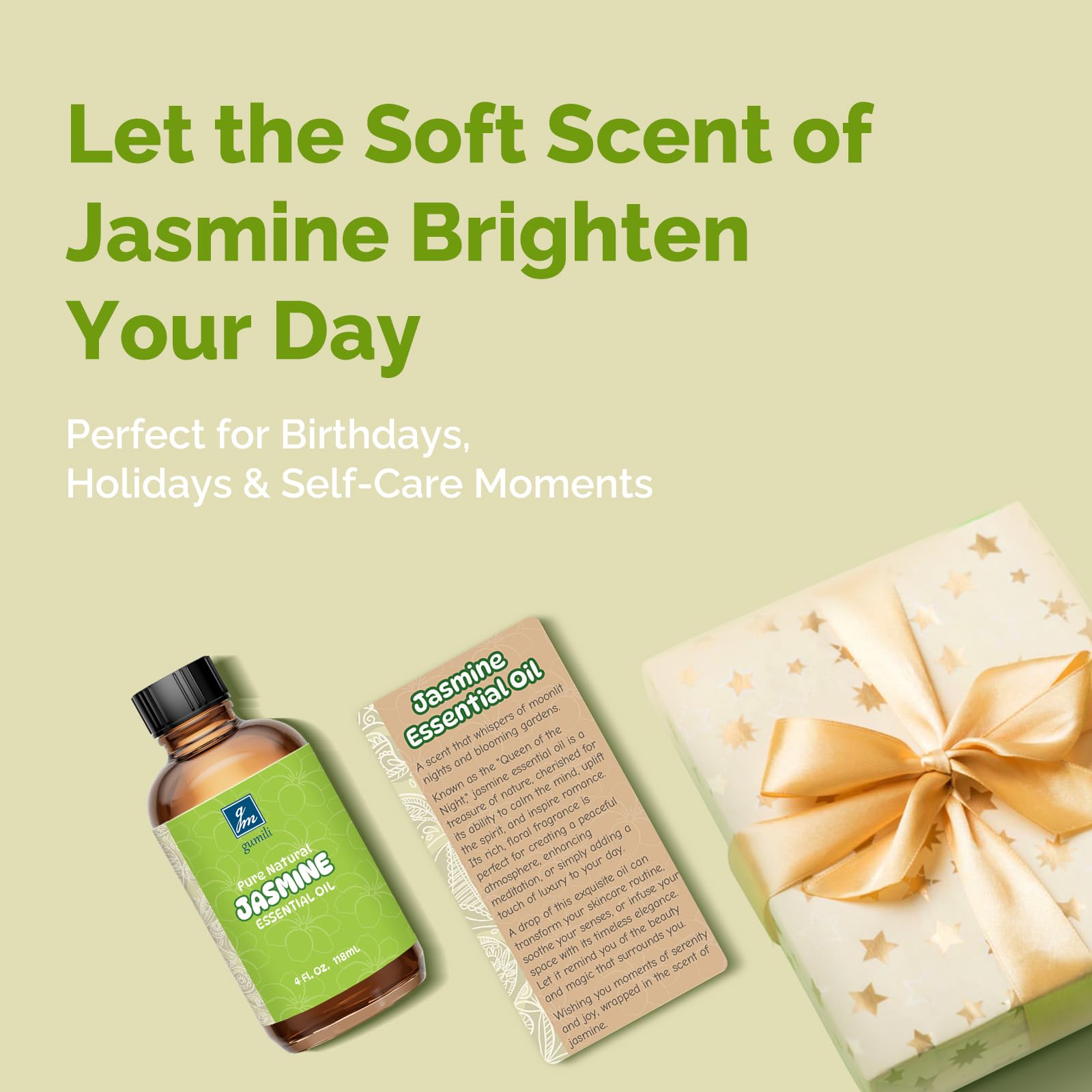 GM Gumili Jasmine Essential Oil bottle close-up with floral aroma