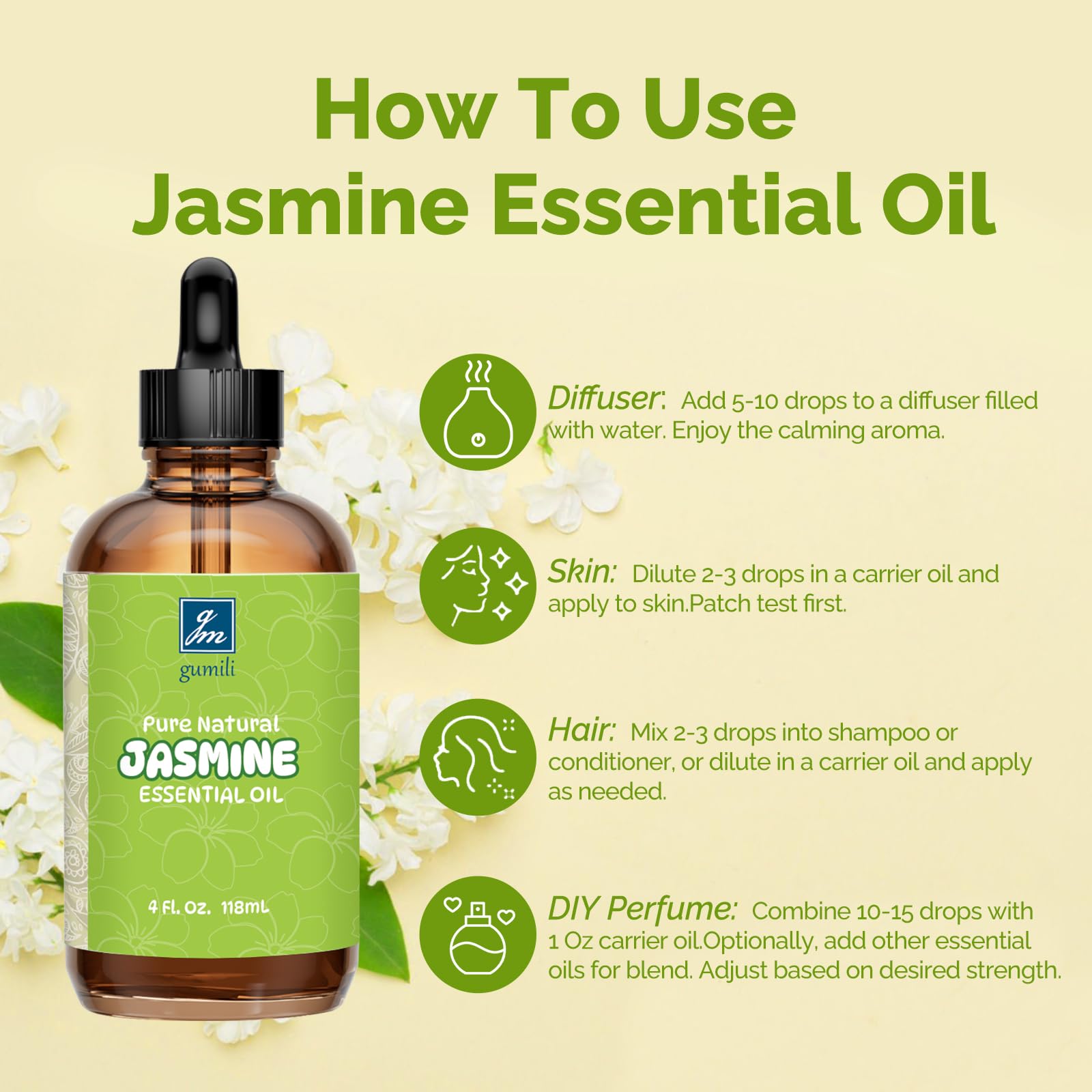 GM Gumili Jasmine Essential Oil bottle details and cap