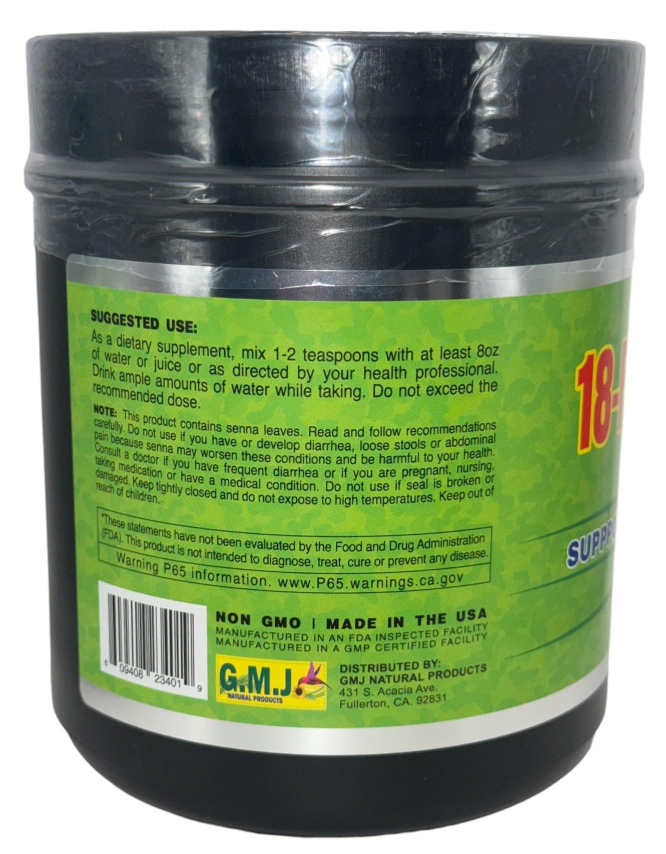 G.M.J FIBRA 18 powder label close-up showing product details.