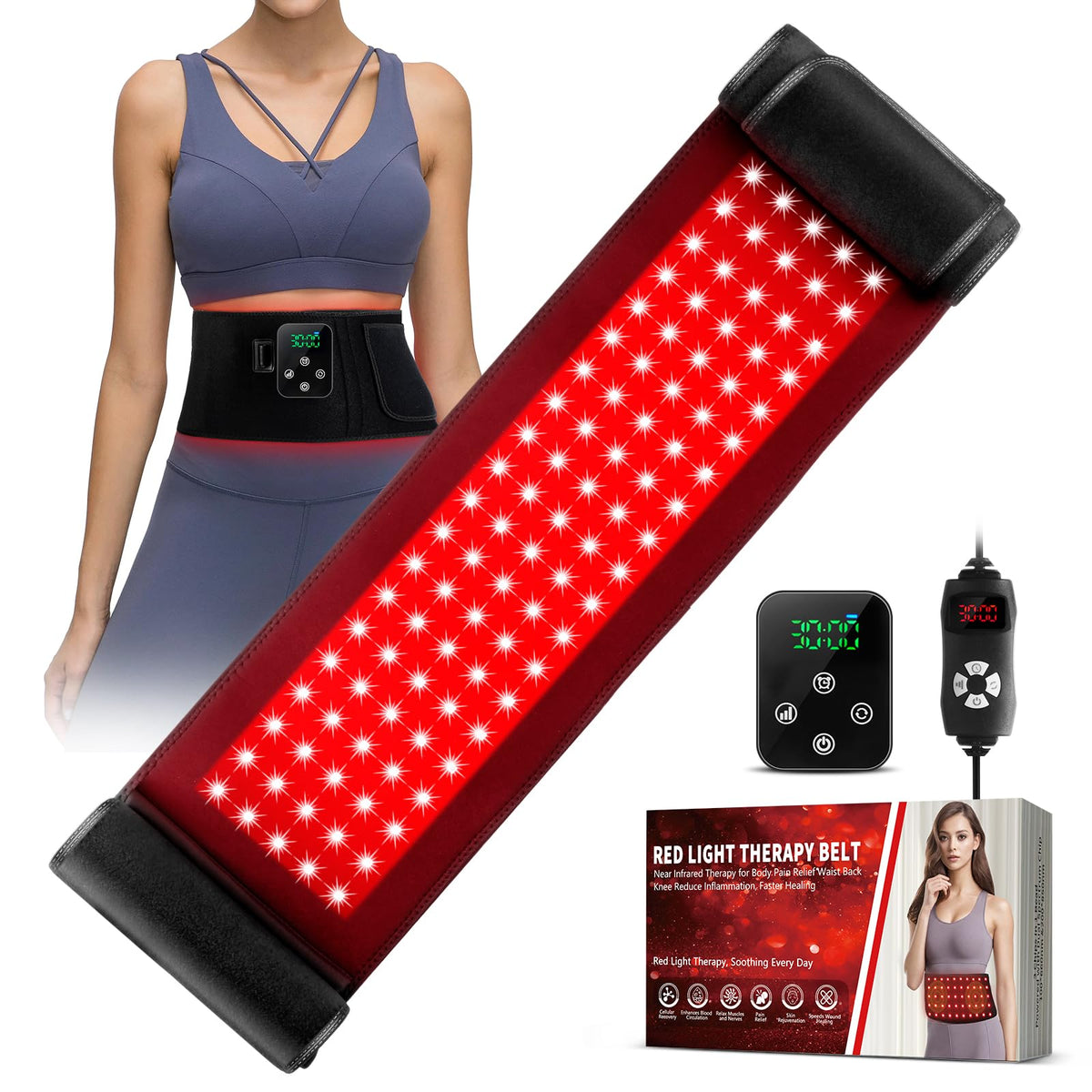 GMOWNW belt side view worn shows comfortable lumbar coverage for daily wear.