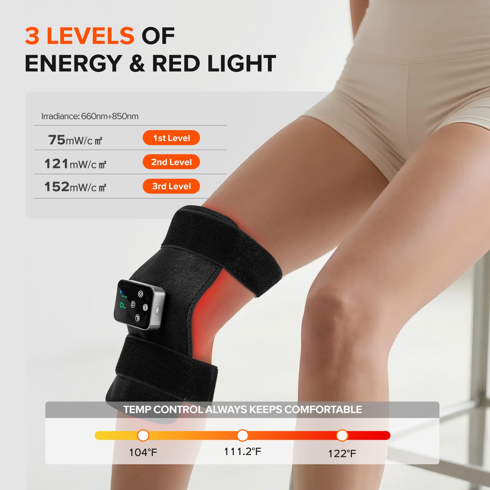 GMOWNW belt on knee/leg enables portable therapy during travel or workouts.