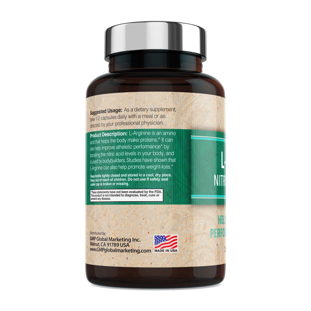 GMP Vitas Nitric Oxide bottle with glass of water suggests circulation support.