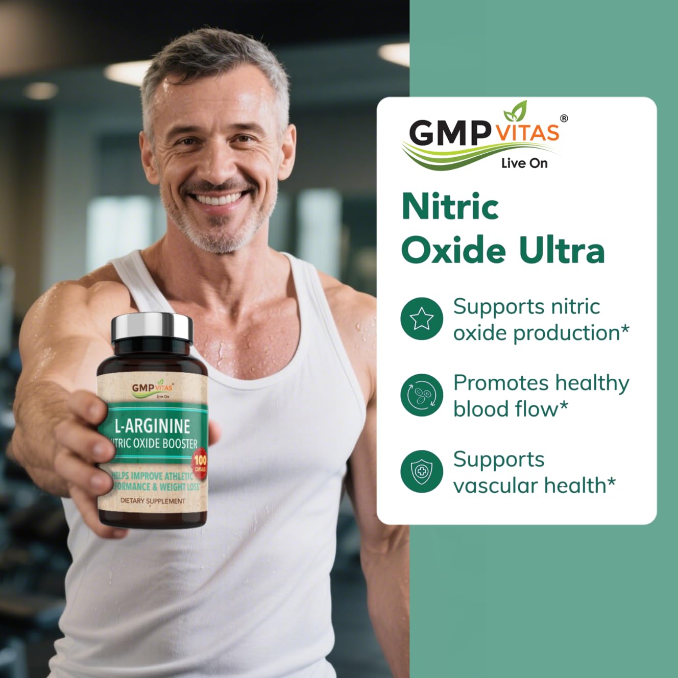 GMP Vitas Nitric Oxide label close-up shows L-Arginine blend for vascular support.