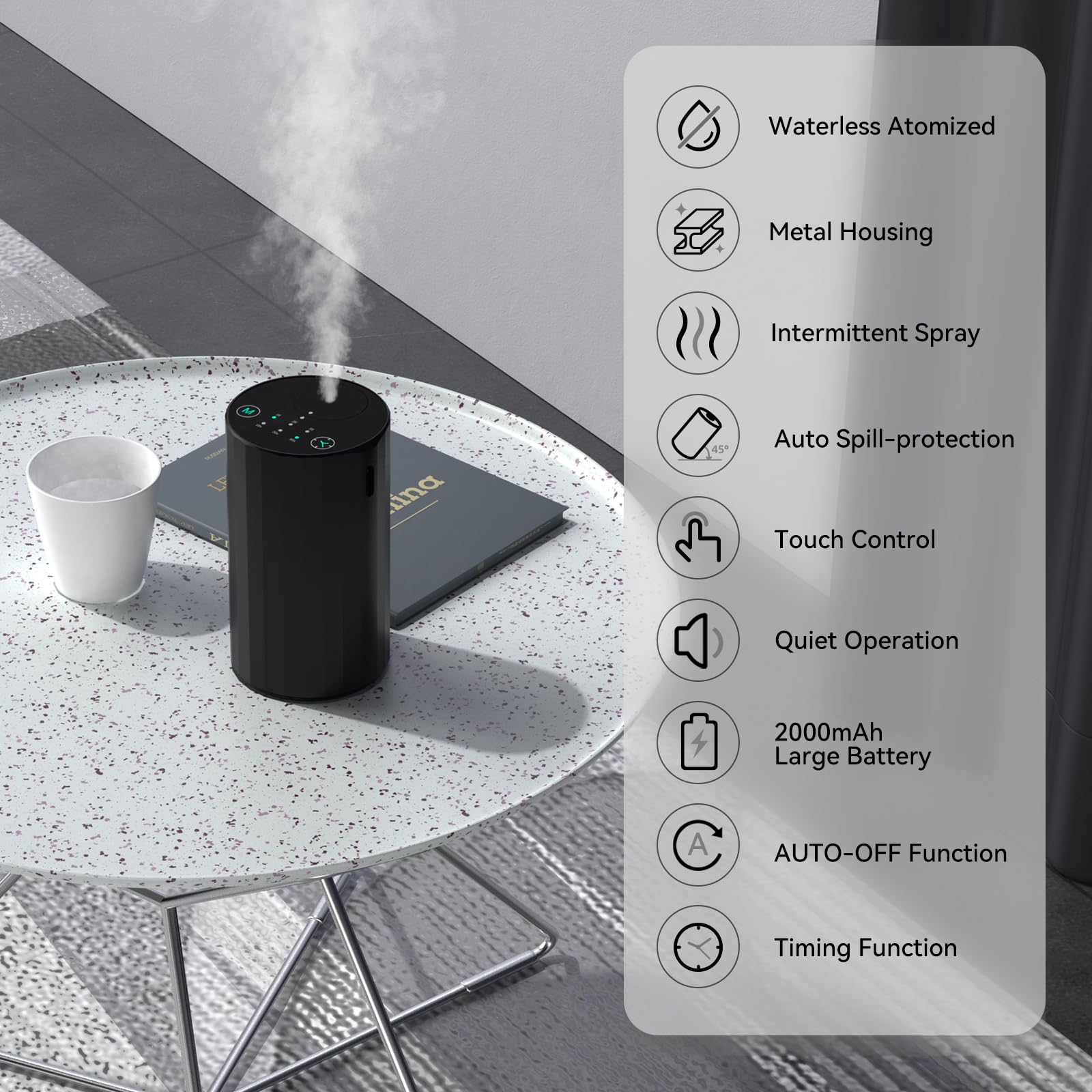 GMSYSW waterless diffuser side view showing compact design ideal for desks and cars.