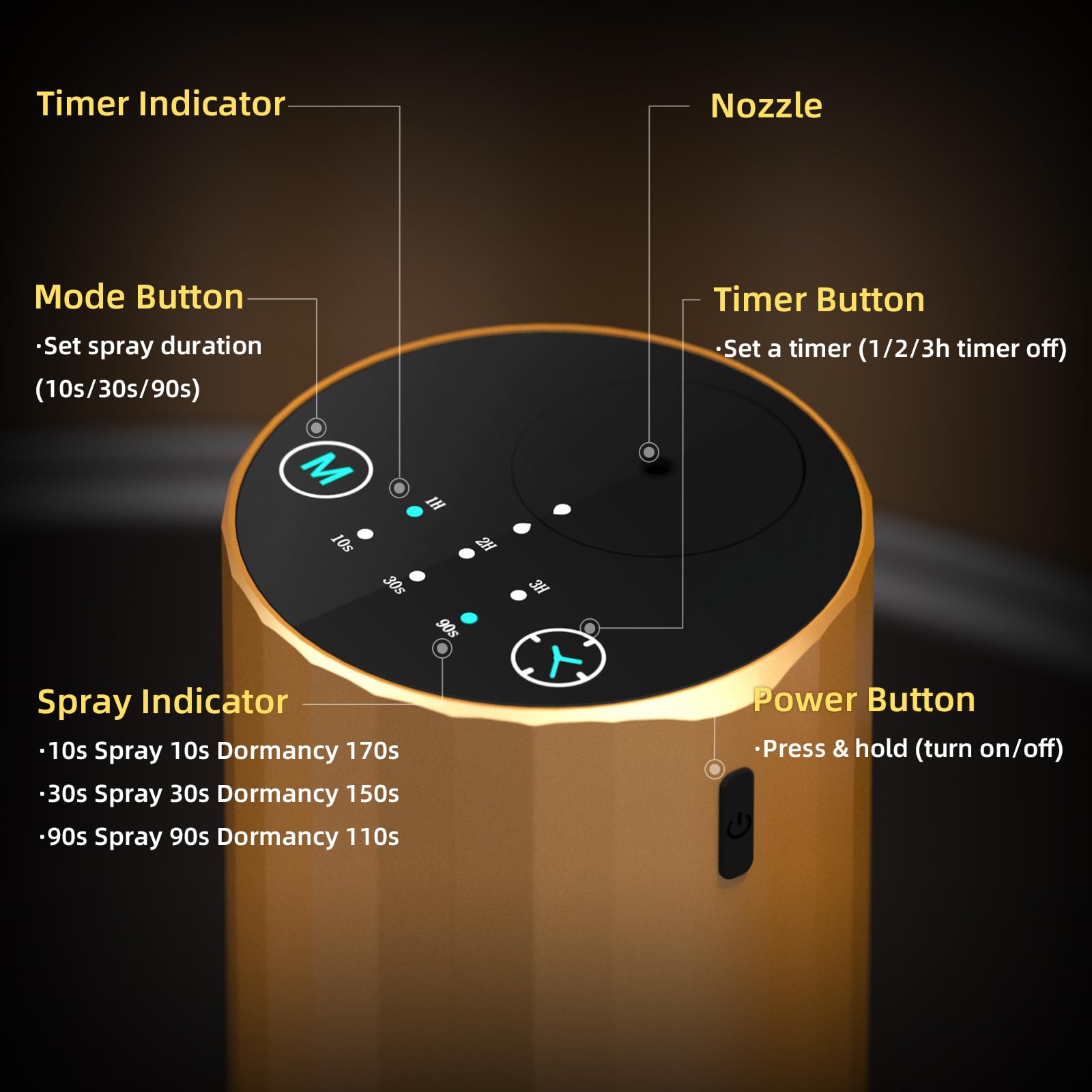 GMSYSW waterless diffuser golden USB-C charging supports long, cord-free operation.