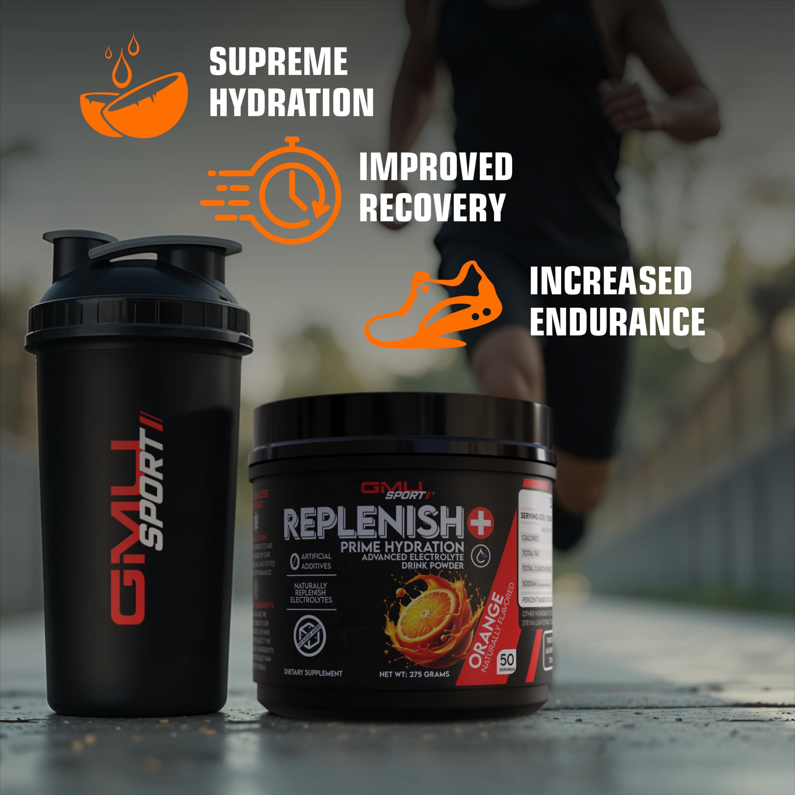 Glass with GMU SPORT Replenish+ Lemon Lime drink for endurance training