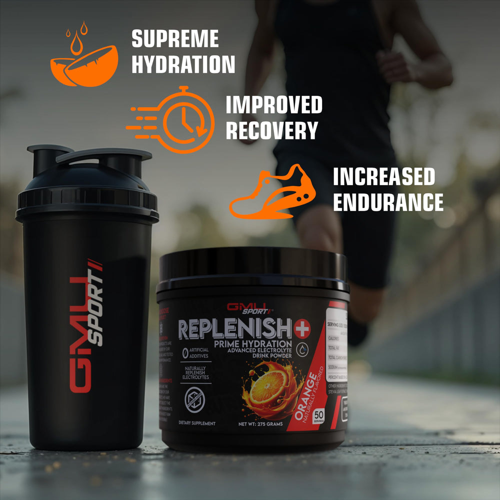 Glass with GMU SPORT Replenish+ Lemon Lime drink for endurance training