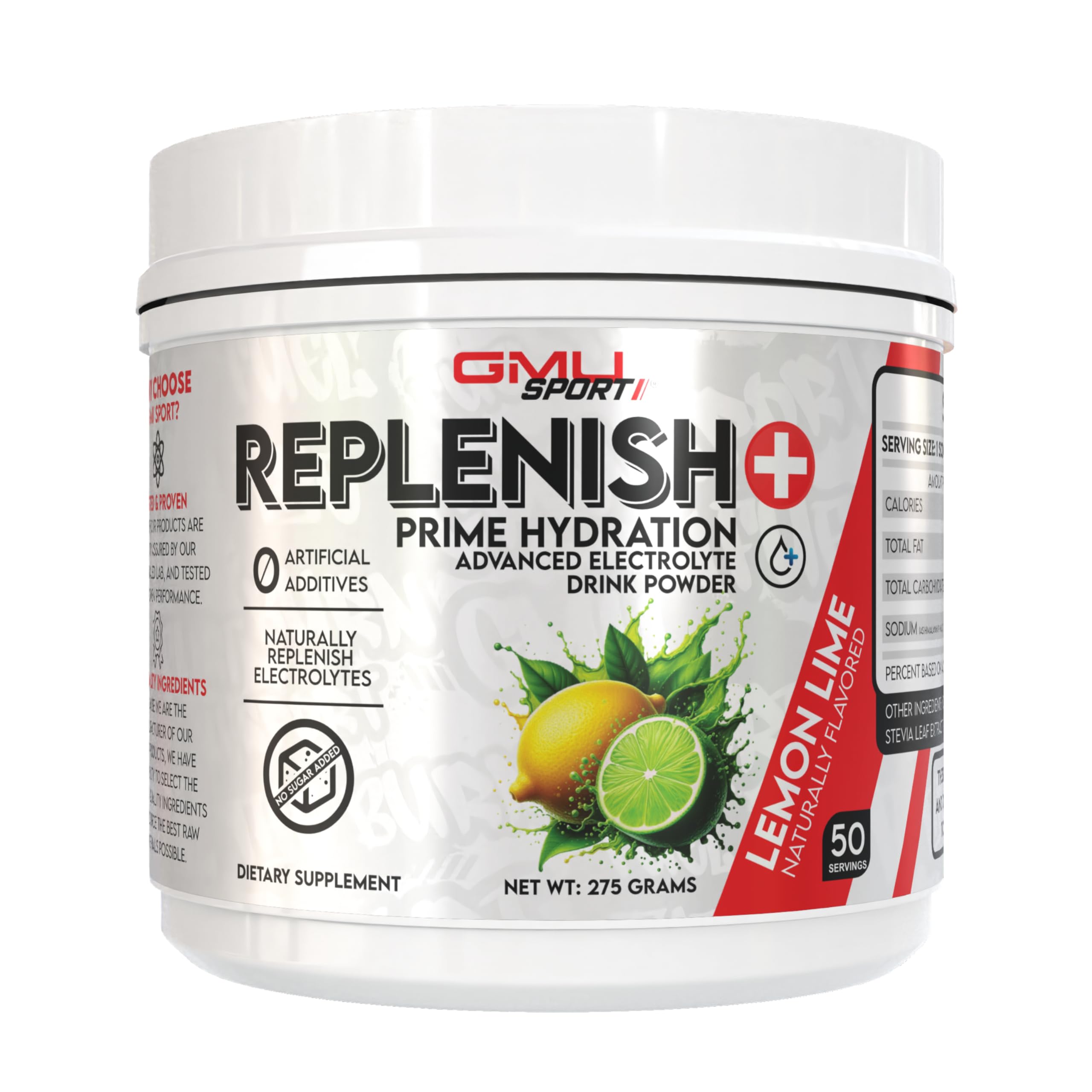 GMU SPORT Replenish+ Lemon Lime tub shown for steady hydration during workouts