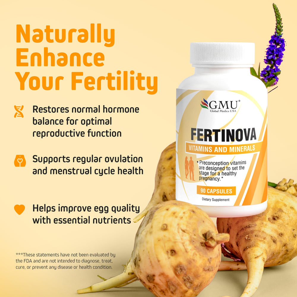 GMU Global Medics Fertinova bottle side label emphasizing iron-rich prenatal minerals.