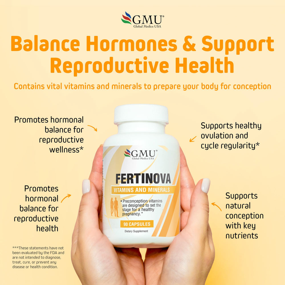 GMU Global Medics Fertinova capsules close-up showcasing natural ingredients.
