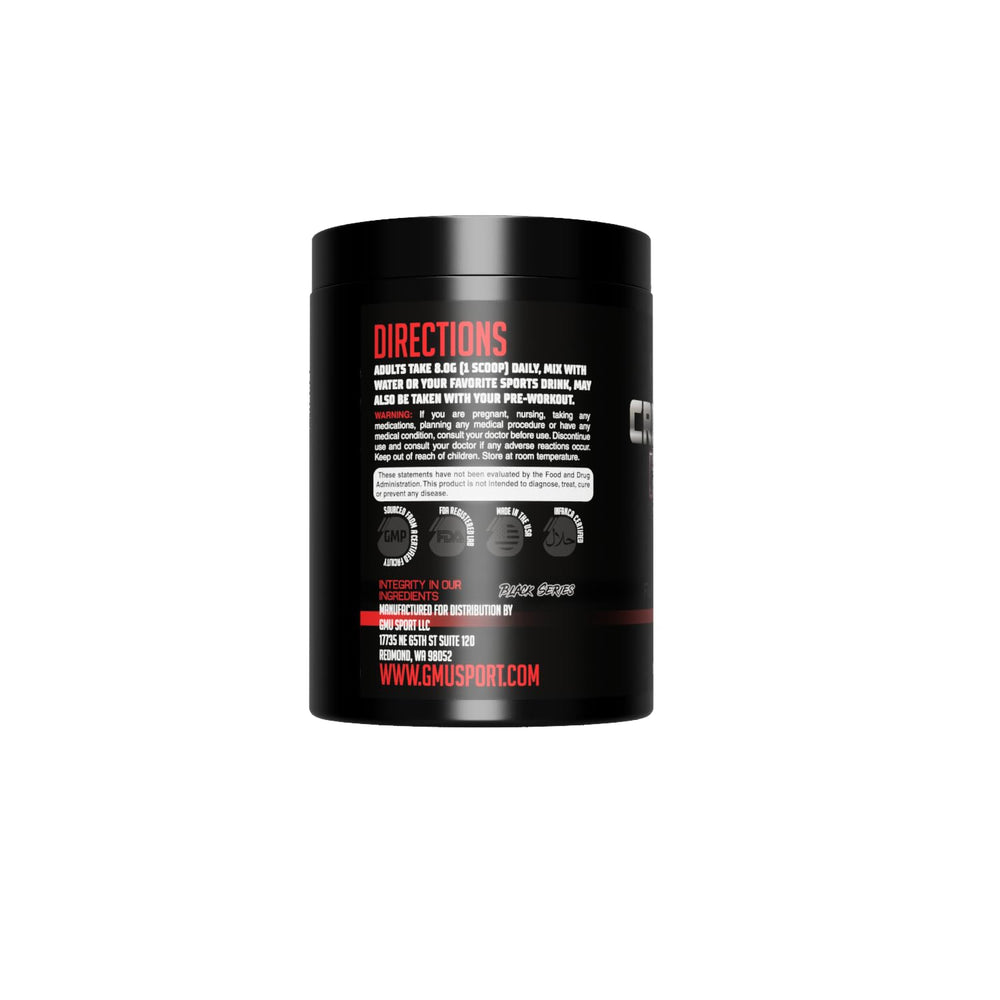 GMU SPORT Creatine 2.0 powder scoop highlights easy mixing for post-workout recovery.