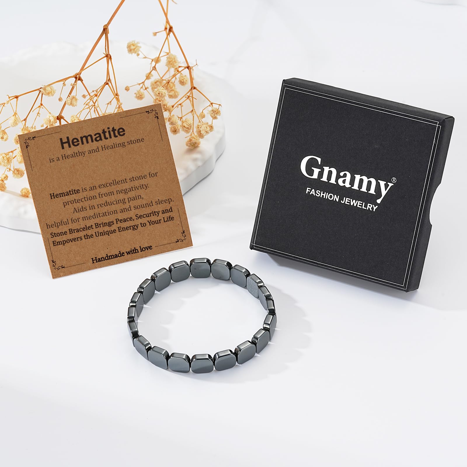 Gnamy Hematite Bracelet packaging emphasizes durable elastic cord.