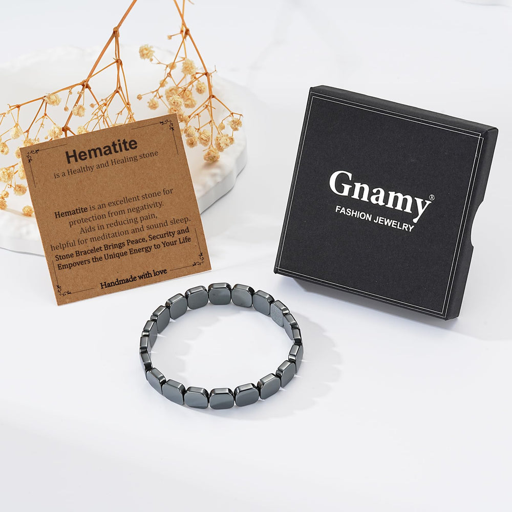 Gnamy Hematite Bracelet packaging emphasizes durable elastic cord.