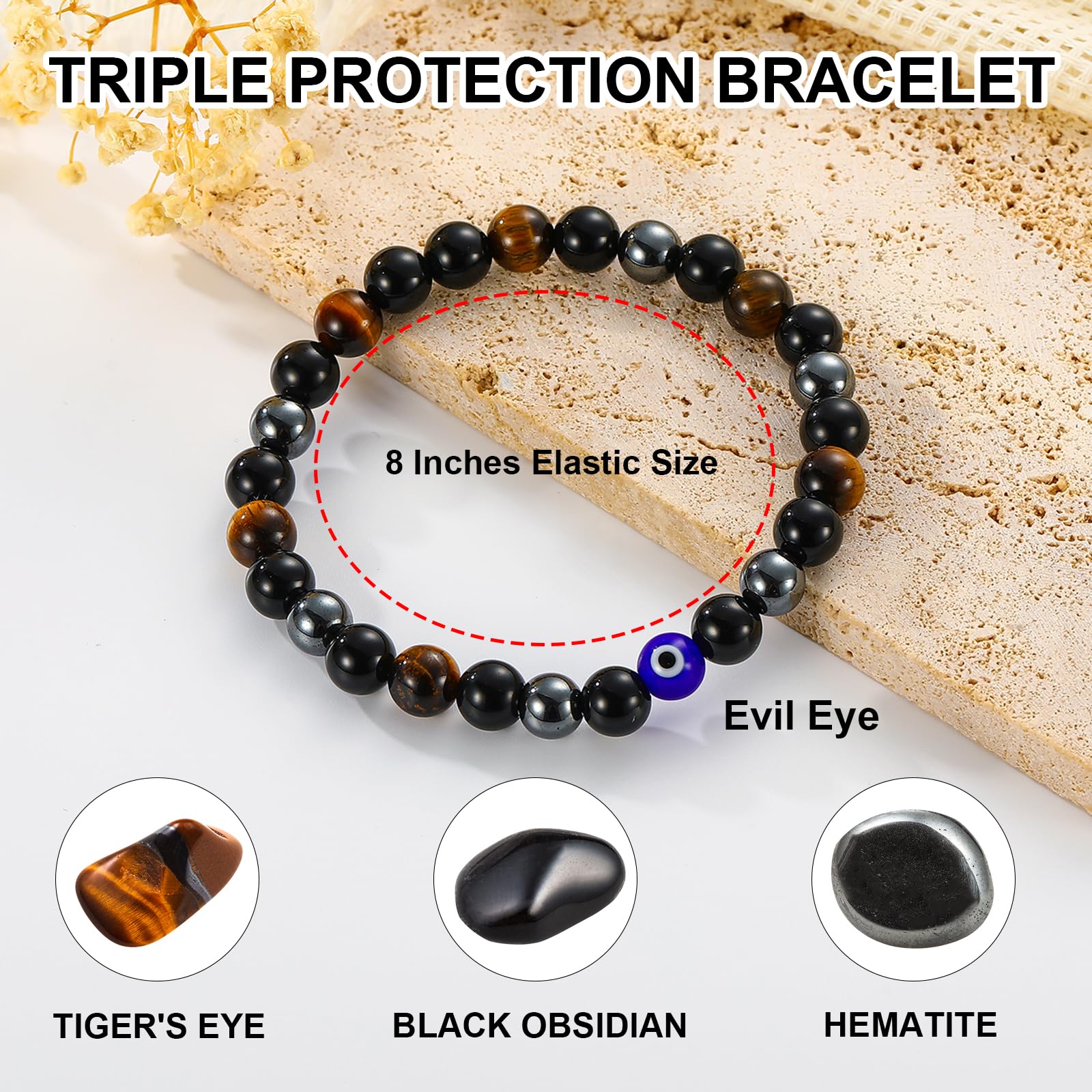 Gnamy Black Obsidian Bead Bracelet with Evil Eye charm adds protective flair.