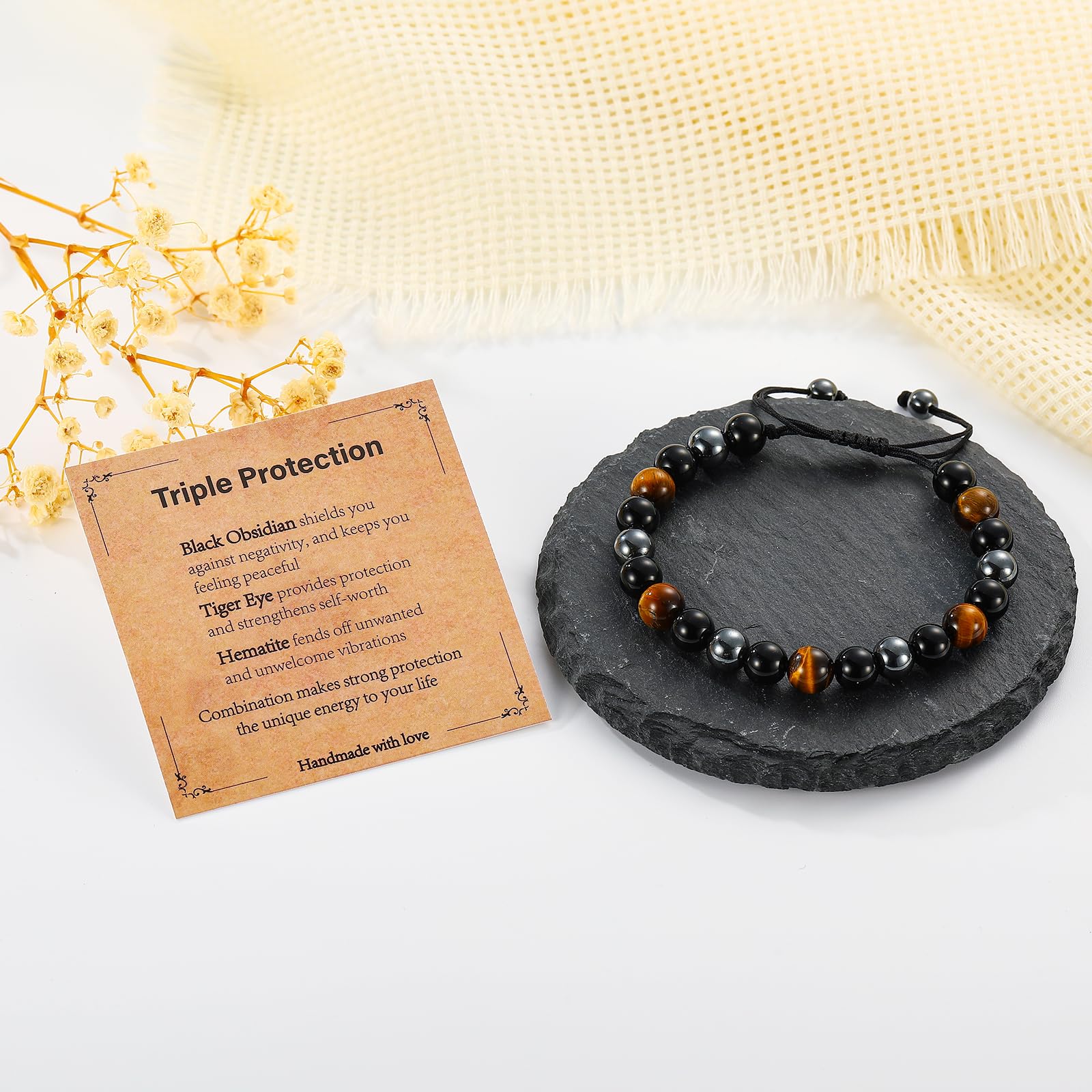 Gnamy hematite bead bracelet aids in reducing emotional stress and clarifying focus.