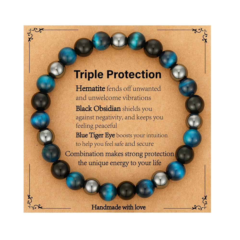Gnamy triple protection bracelet tiger eye close-up, evokes courage and balanced energy.