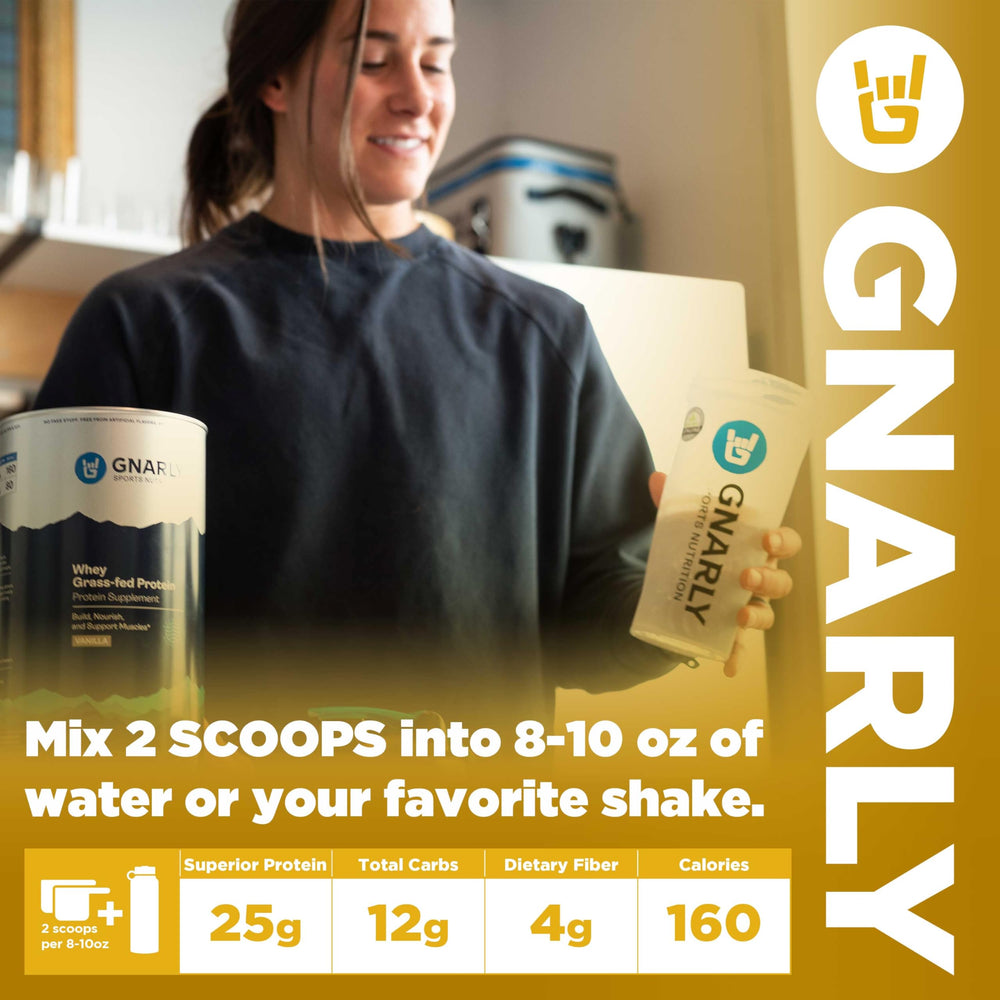 NSF certification badge visible on Gnarly protein powder packaging
